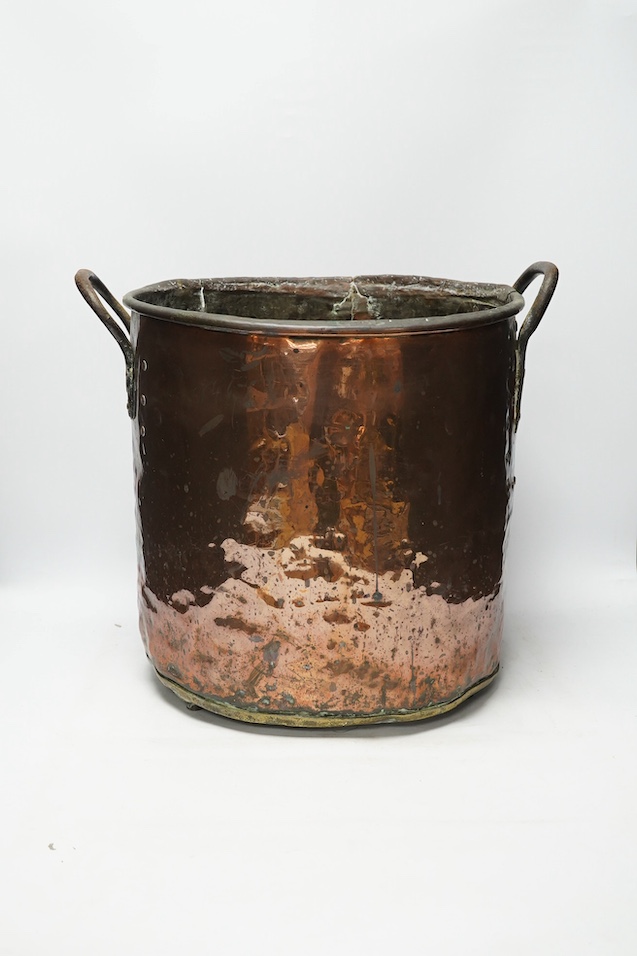 A group of copper to include a Victorian mechanical bellows, a cylindrical copper coal box and three other items, largest 49cm. Condition - poor